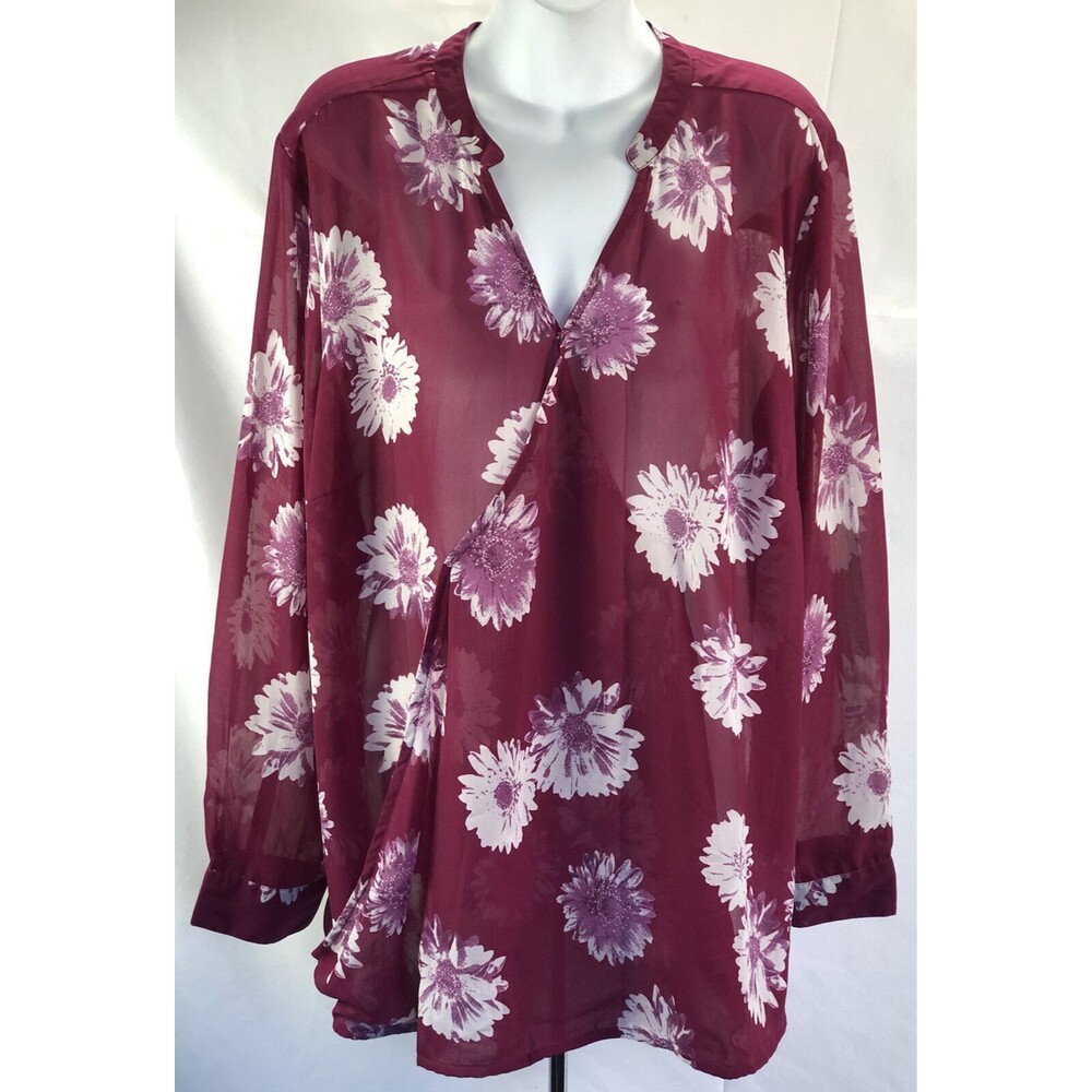 Jessica London Chiffon MockWrap Top 22 Red Floral LongSleeve Hippie Boho Career